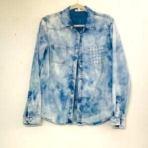 Womens Denim Cloud Wash Acid Wash Long Sleeve Button Up with Embellished Pocket